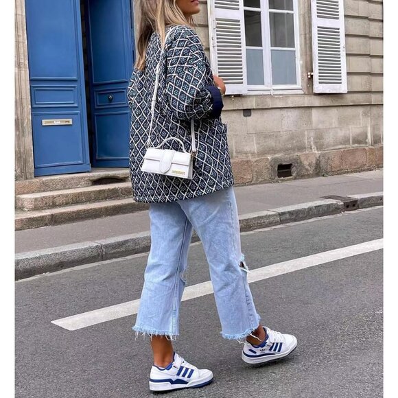 Women's Floral Quilted Jackets Cropped Button Down Padded Puffer Jacket Navy - Picture 6 of 8